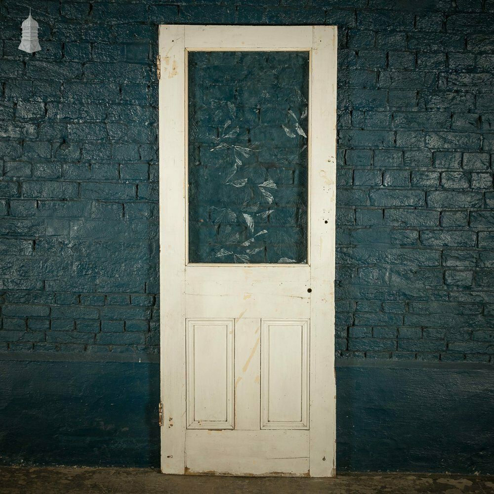 Half Glazed Door, White Painted Pine With Textured Glass photo vintage