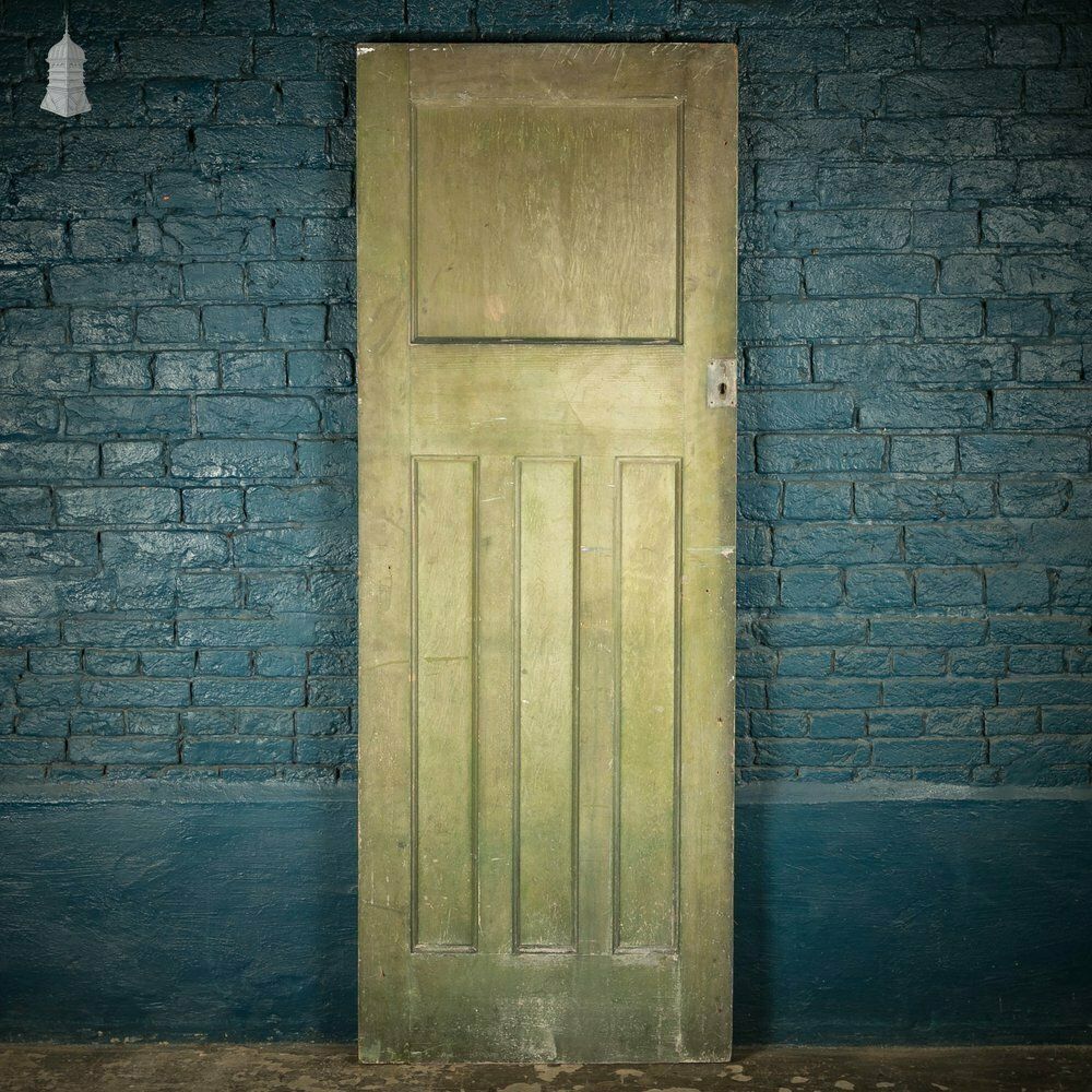 Pine Panelled Door, 1930s 4 Moulded Panels Green Stained Finish