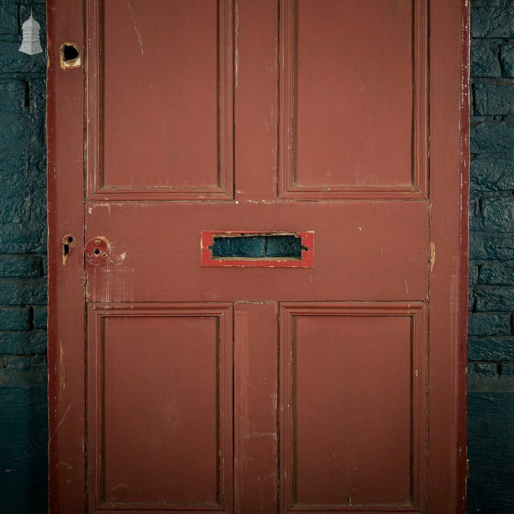 Pine Panelled Door, Moulded 4 Panel Front Door, Red Painted Finish photo for sale