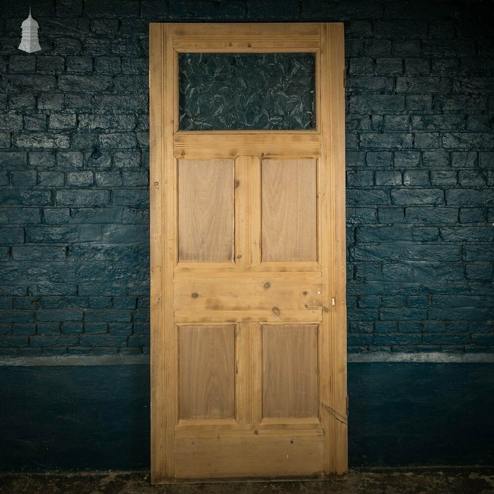 Glazed Pine Door, 5 Panel 19th C With Textured ‘Autumn Leaf’ Style Glazing
