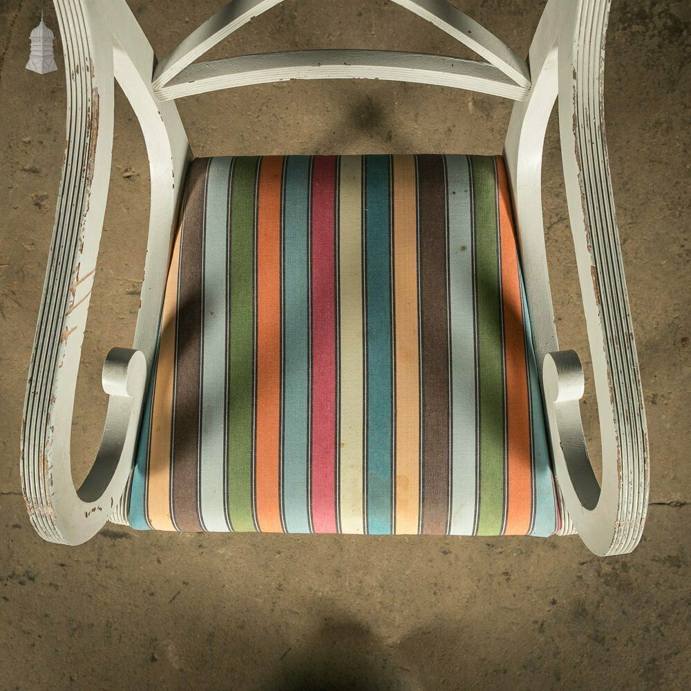 photo for sale Mahogany Dining Chairs, Set Of 7 20th C Cross Back Chairs With Reeded Legs, Later Reupholstery And Distressed Paint Finish