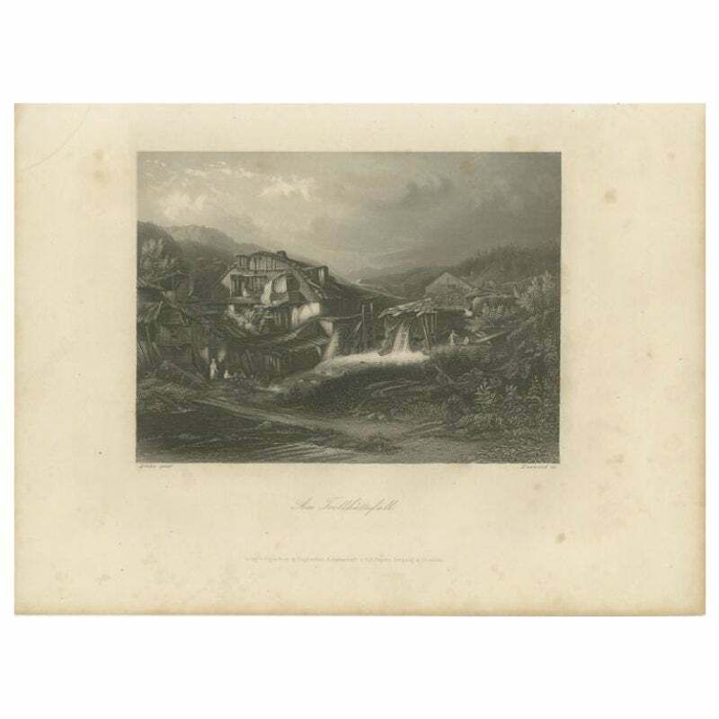 Antique Print Of The Trollhättan Falls By Heawood, C.1850