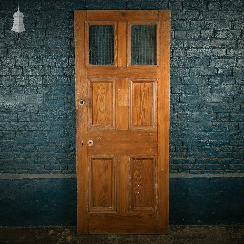 Glazed Pine Door, Pitch Pine, 6 Panels, 2 With Wired Glass
