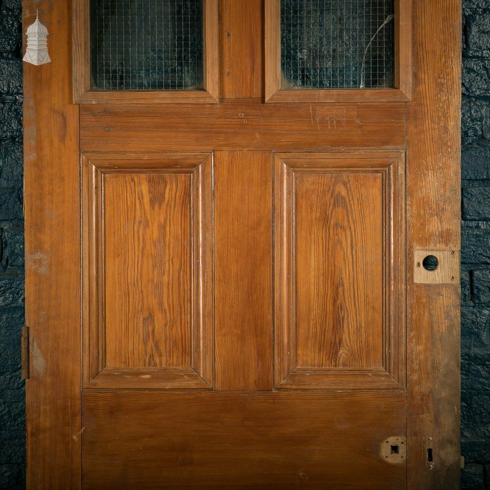 Glazed Pine Door, Pitch Pine, 6 Panels, 2 With Wired Glass photo for sale