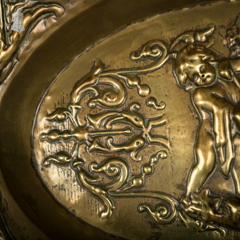 Brass Charger Plate, 18th C French, Oval With Embossed Detail Depicting Cherubs photo vinterior