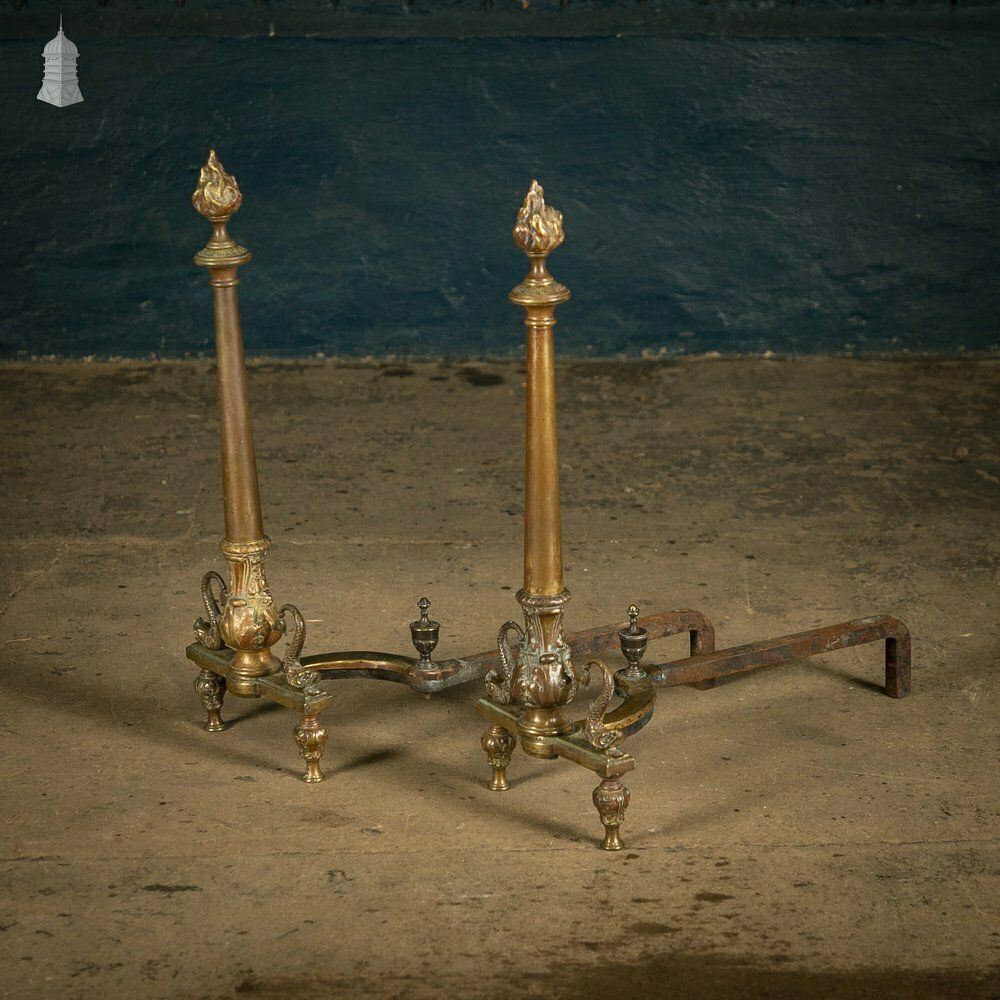Brass Fire Dogs, Ornate 19th C Dolphin Design, Pair photo for sale