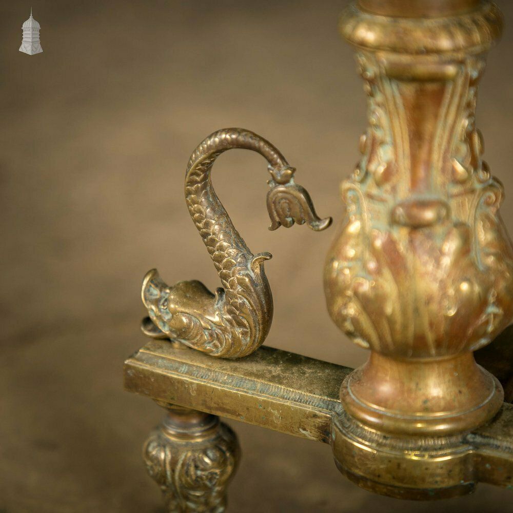 Brass Fire Dogs, Ornate 19th C Dolphin Design, Pair photo vinterior