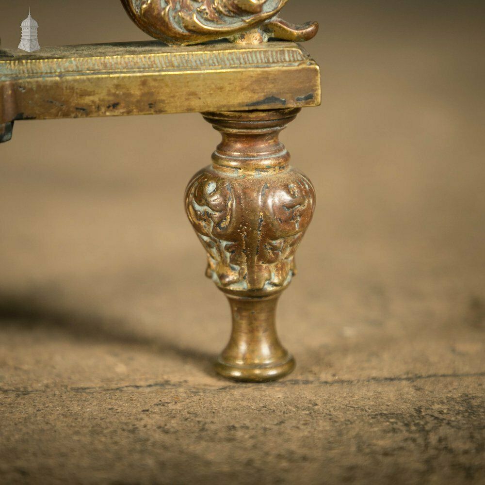 photo furniture Brass Fire Dogs, Ornate 19th C Dolphin Design, Pair
