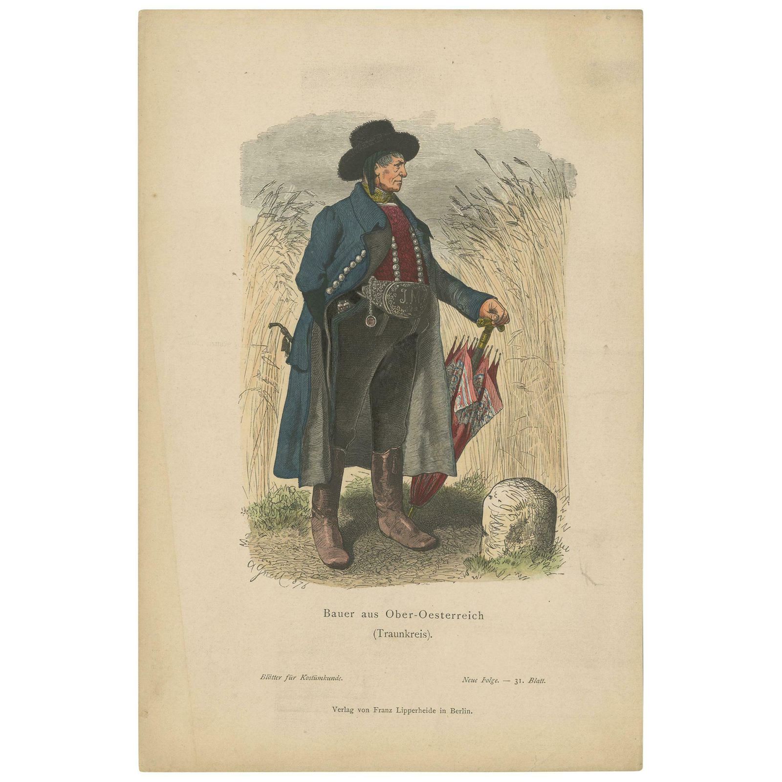 Antique Print Of A Farmer From The Region Of Traunkreis, Austria, Circa 1880