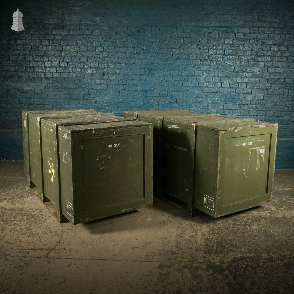 Military Shipping Crates, Pair Of Green Painted Wooden Aircraft Part Shipping Boxes Reclaimed From A Norfolk Raf Base photo furniture