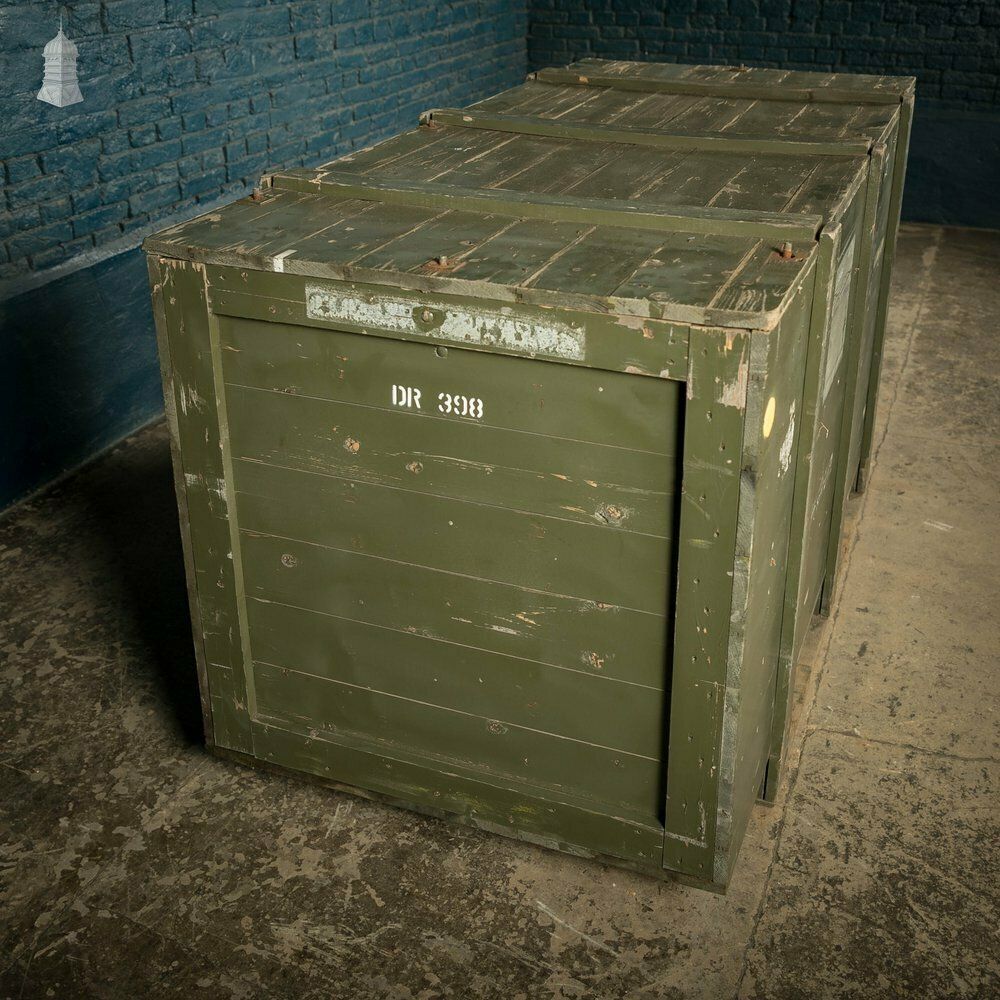 Military Shipping Crates, Pair Of Green Painted Wooden Aircraft Part Shipping Boxes Reclaimed From A Norfolk Raf Base photo Home Decor