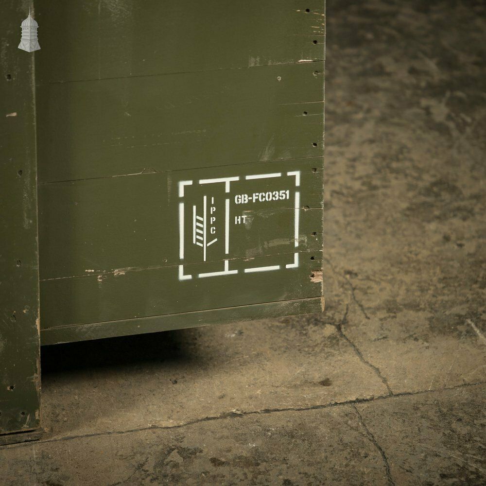 photo vintage Military Shipping Crates, Pair Of Green Painted Wooden Aircraft Part Shipping Boxes Reclaimed From A Norfolk Raf Base