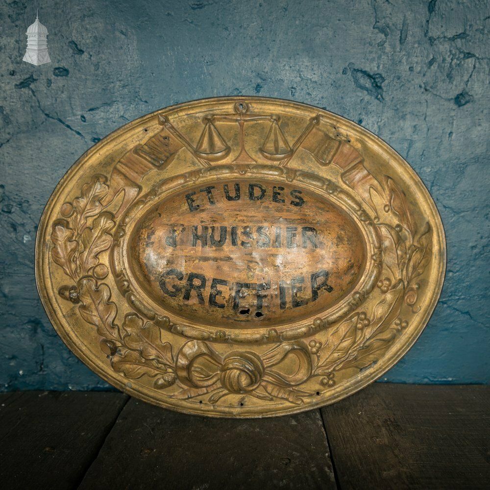 Court Bailiff Sign, French, Brass With Painted Logo “Etudes & Hussier Greffier” – Studies & Bailiff Clerk