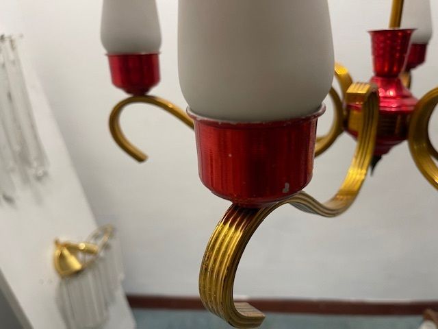 Brass Red Opaline Glass Chandelier 1950’s photo furniture
