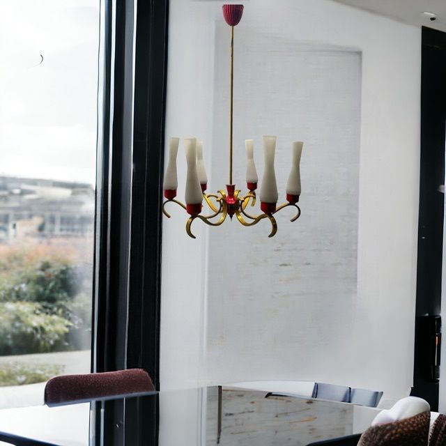 Brass Red Opaline Glass Chandelier 1950’s photo vinterior