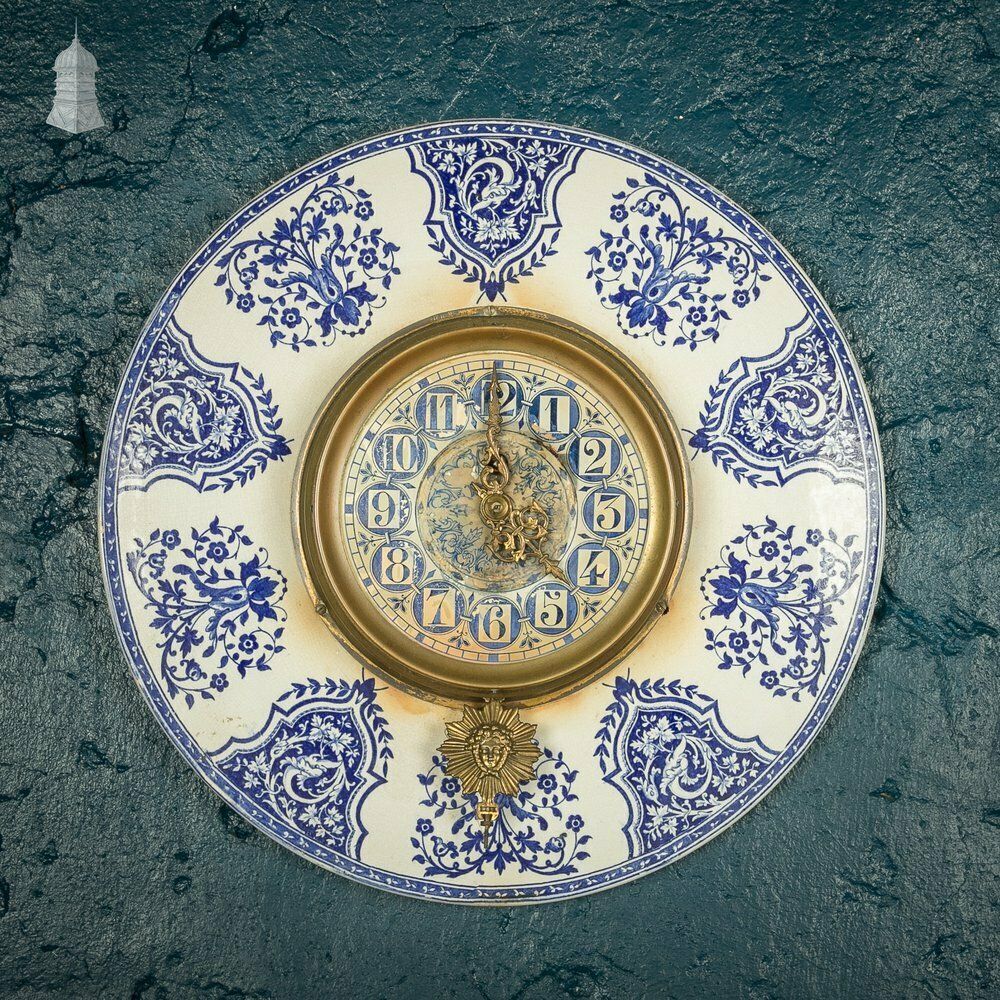 French Wall Clock, 19th C Brass And Blue And White Ceramic photo furniture
