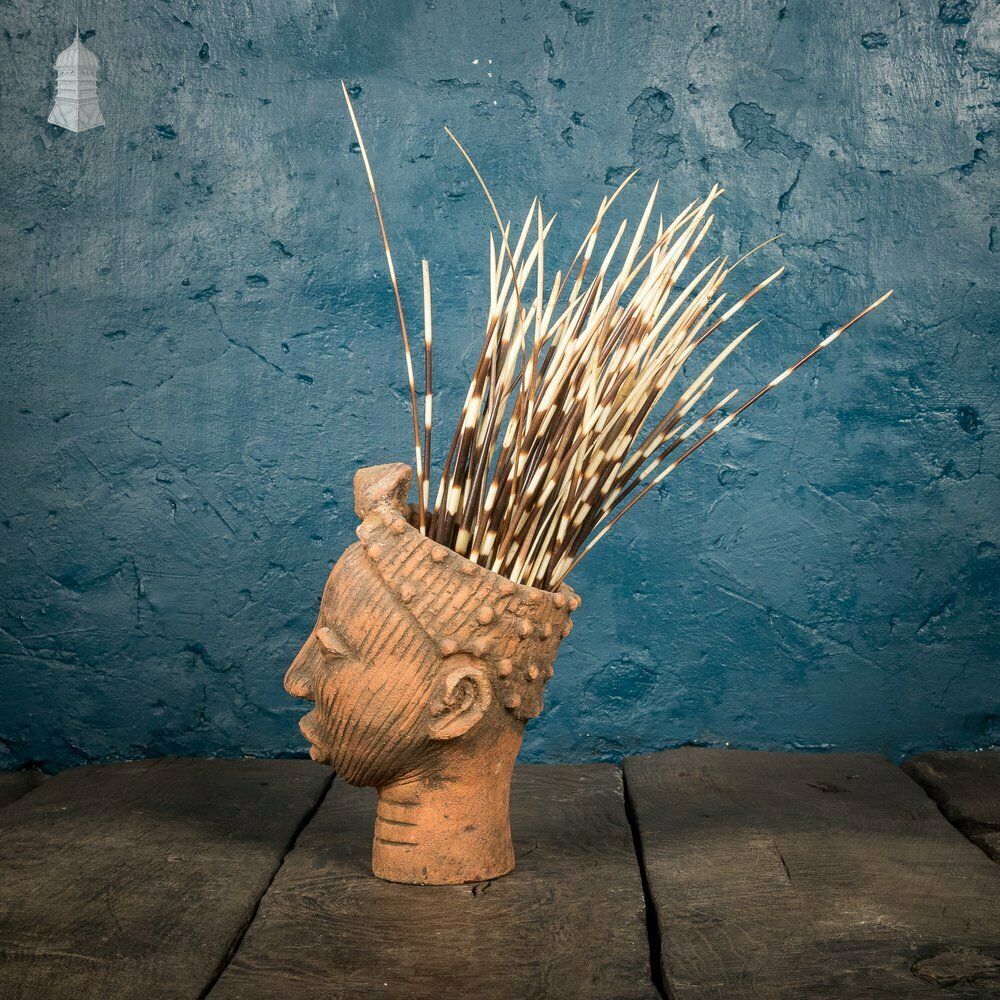 Vintage Clay Head Planter With Porcupine Quill Hair photo Garden Decor