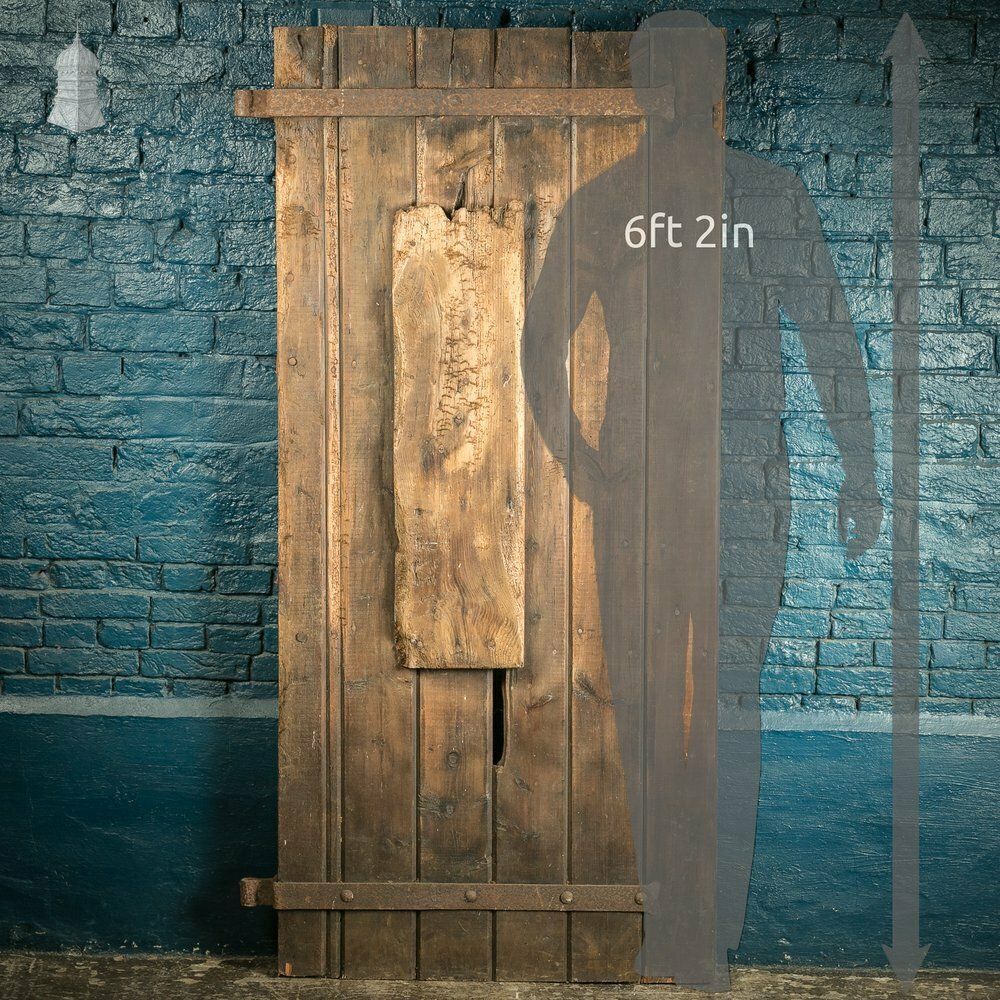 Rustic Pine Ledged And Braced Door With Large Iron Strap Hinges photo for sale