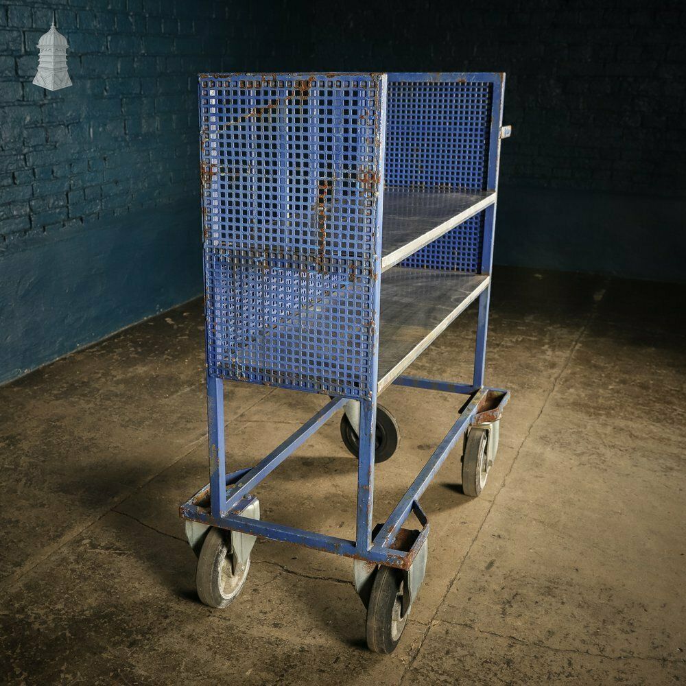 Vintage Blue Steel Wheeled Industrial Trolley Shelf Unit photo for sale