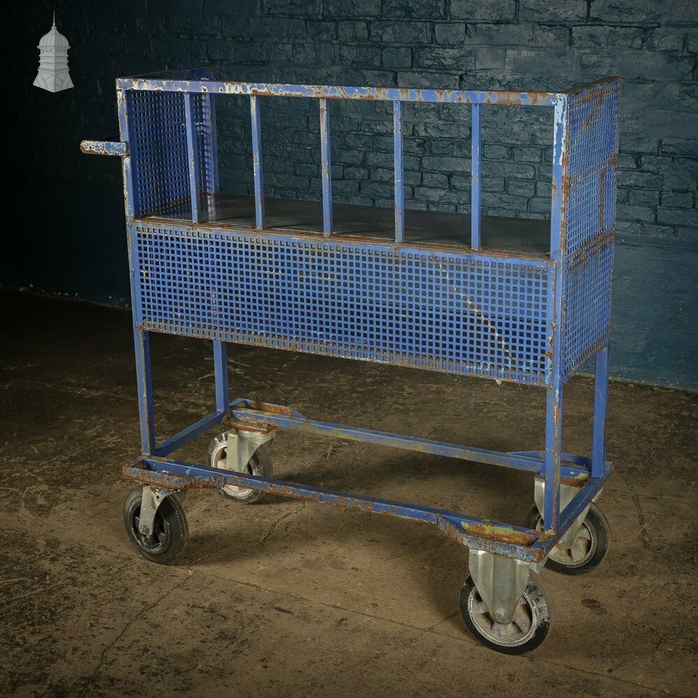 Vintage Blue Steel Wheeled Industrial Trolley Shelf Unit photo 240.0