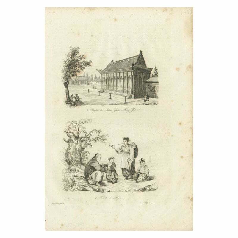 Antique Print Of The Imperial Palace At Yuen Ming Yuen And Chinese Family, 1834