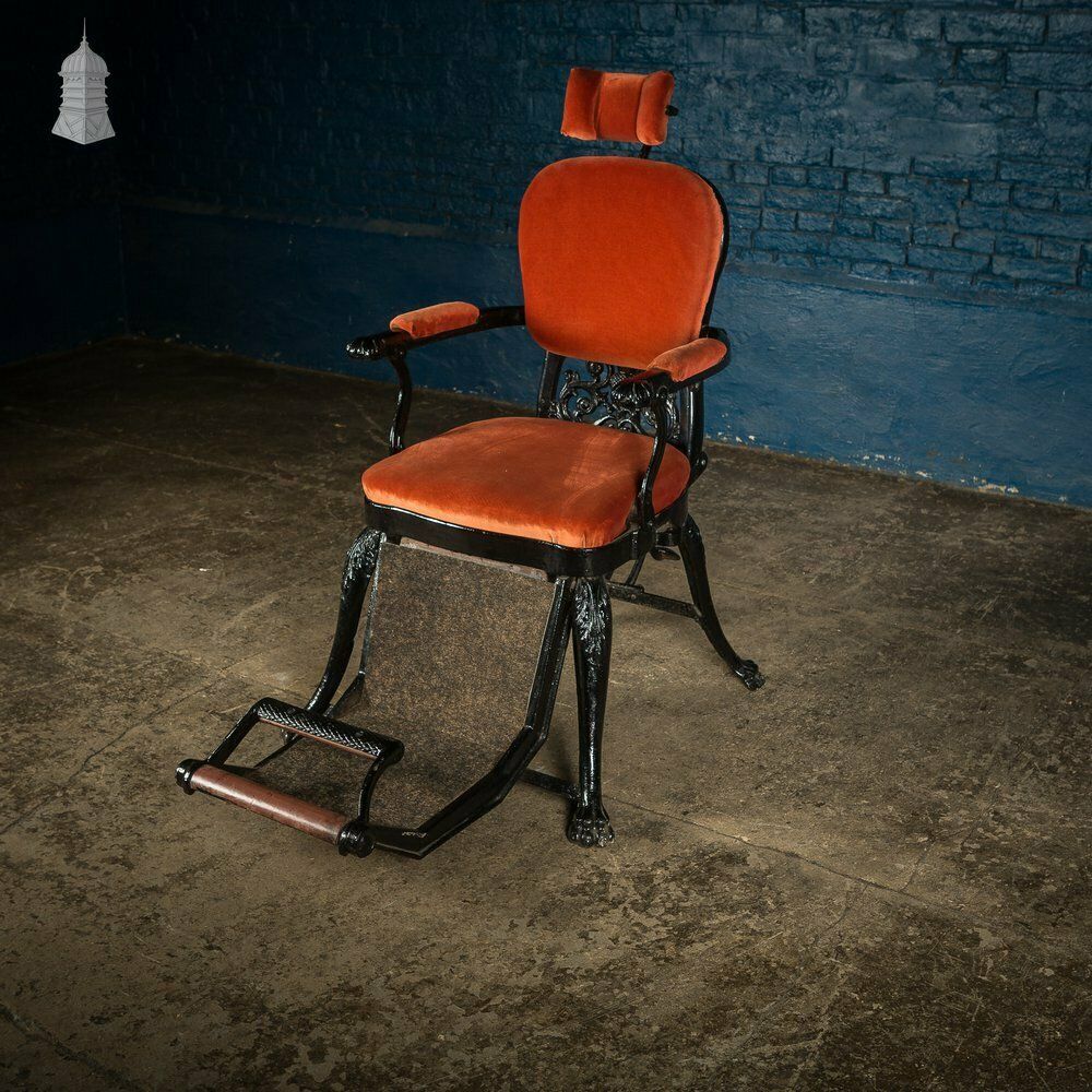 19th C Cast Iron Reclining Barbers Chair With Removable Head Rest photo for sale