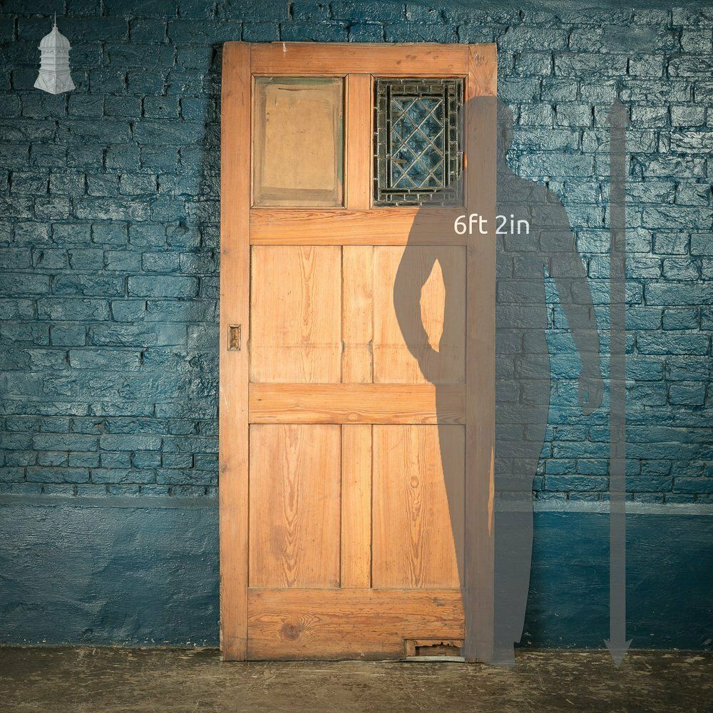 Pitch Pine Paneled Door With Leaded Glass Window, Victorian photo for sale