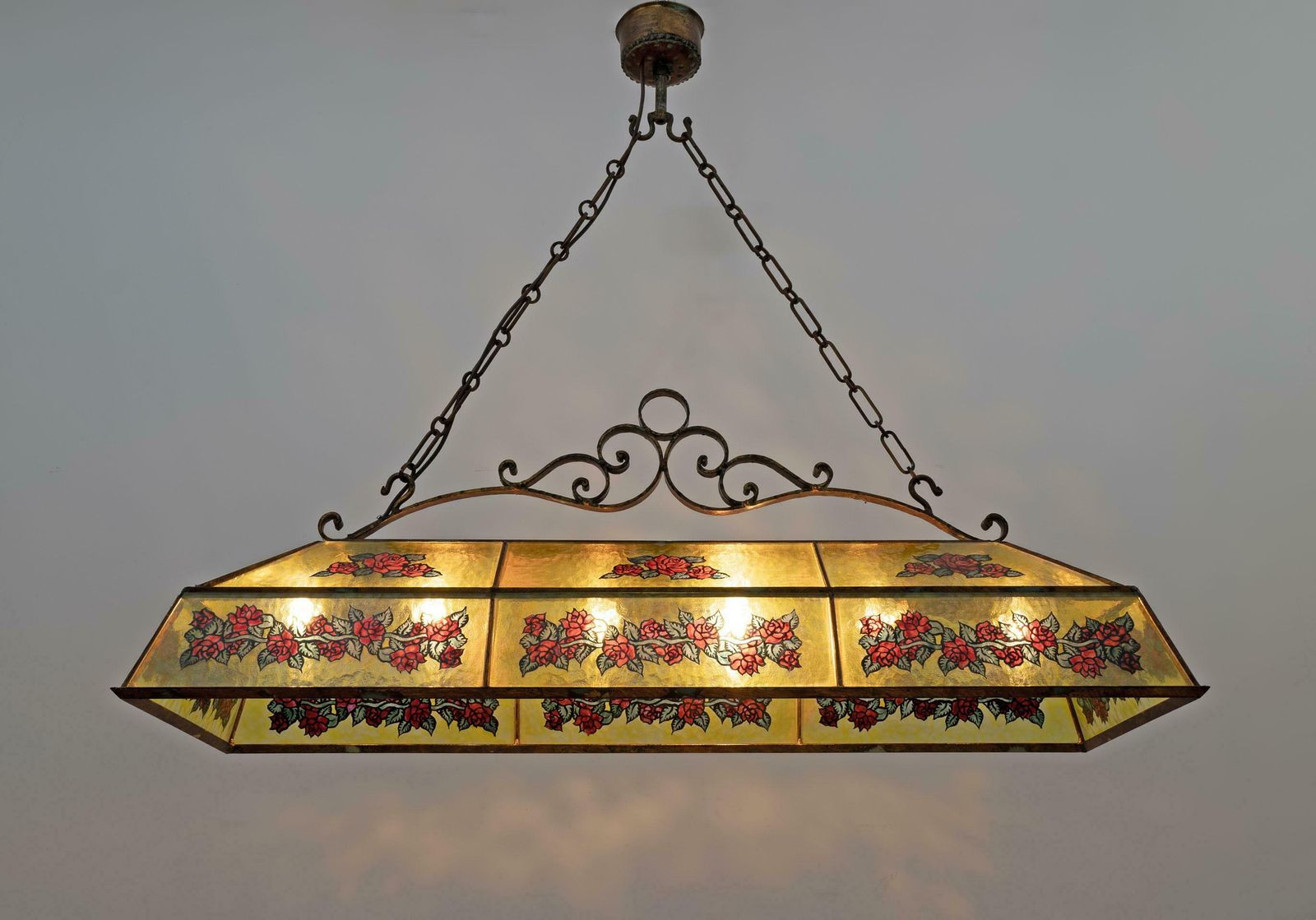 Rustic Hand Painted Wrought Iron And Glass Pendant Chandelier, 1960s photo furniture