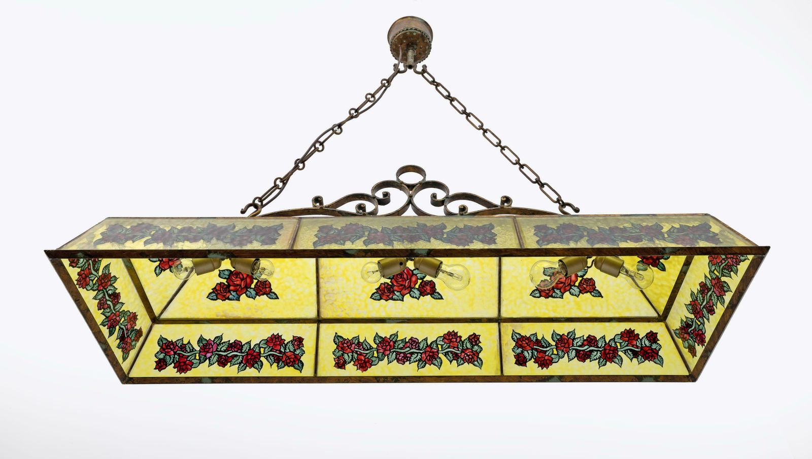 Rustic Hand Painted Wrought Iron And Glass Pendant Chandelier, 1960s photo 2444.0