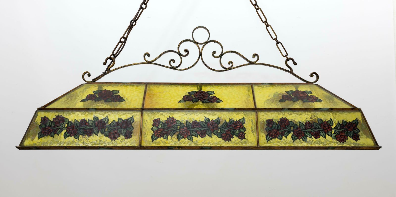 photo for sale Rustic Hand Painted Wrought Iron And Glass Pendant Chandelier, 1960s