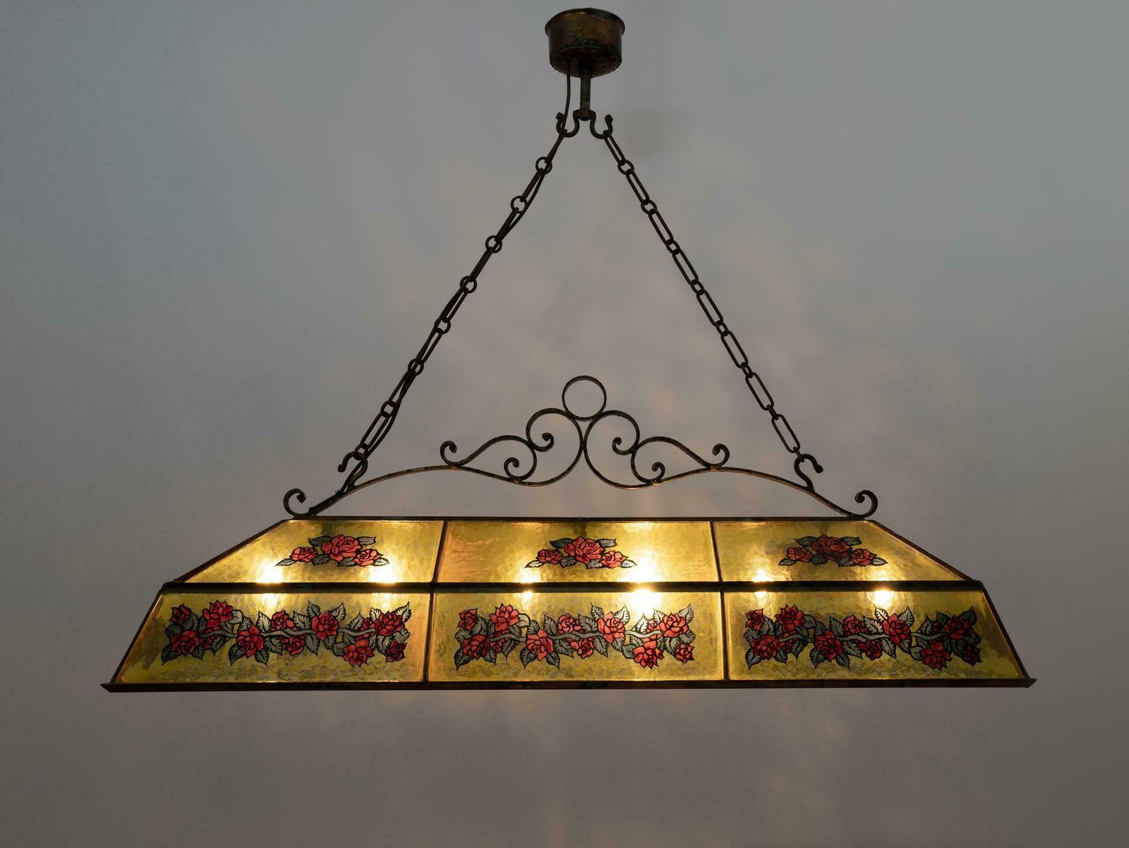 2444.0 Rustic Hand Painted Wrought Iron And Glass Pendant Chandelier, 1960s photo