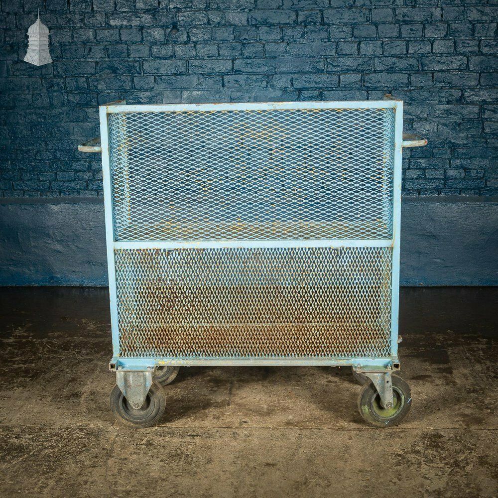 photo for sale Vintage Industrial Blue Steel Trolley Mobile Shelving Unit