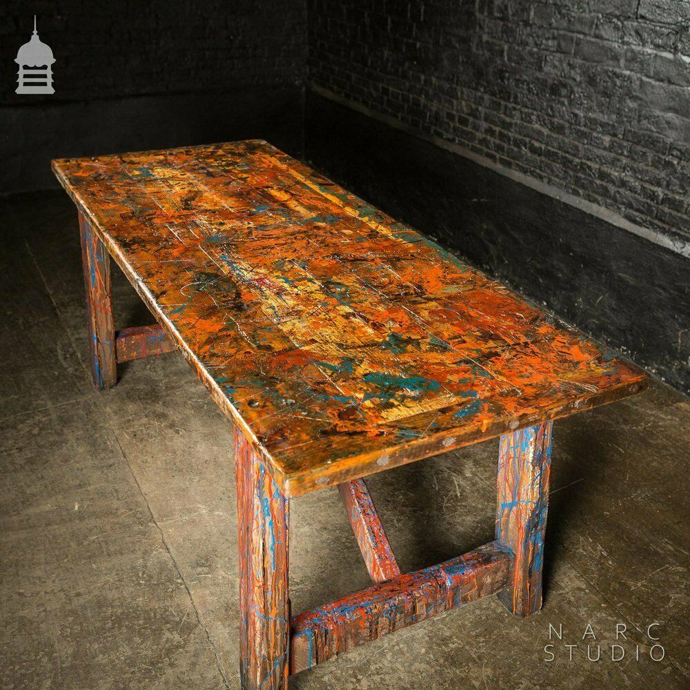 Narc Studio Pine Splay Leg Trestle Table With Abstract Painted Finish photo 2100.0