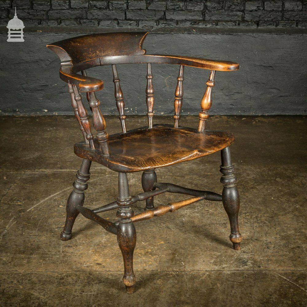 19th C Captains Bow Seat Smokers Chair With Turned Arm Supports And Double H Stretcher photo buy