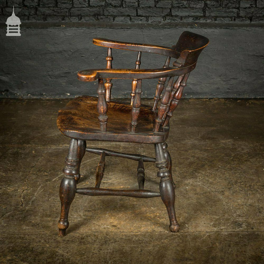 photo for sale 19th C Captains Bow Seat Smokers Chair With Turned Arm Supports And Double H Stretcher