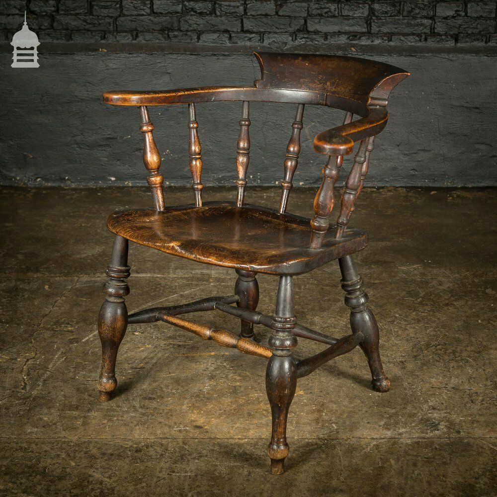 Furniture 19th C Captains Bow Seat Smokers Chair With Turned Arm Supports And Double H Stretcher photo