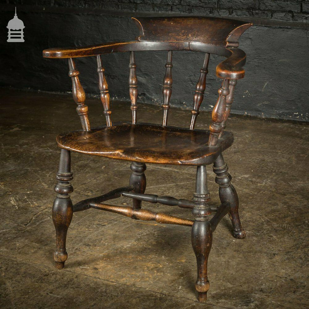 960.0 19th C Captains Bow Seat Smokers Chair With Turned Arm Supports And Double H Stretcher photo
