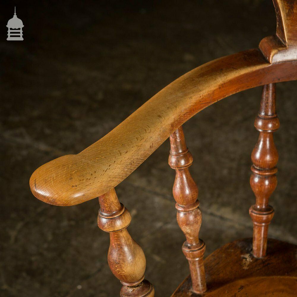 19th C Elm Captains Bow Seat Smokers Chair With Turned Arm Support And Double H Stretcher photo furniture