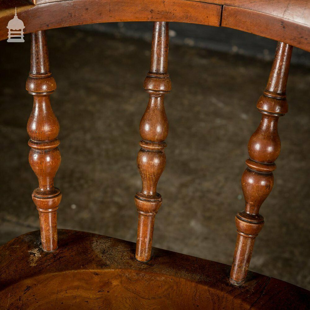 19th C Elm Captains Bow Seat Smokers Chair With Turned Arm Support And Double H Stretcher photo Furniture