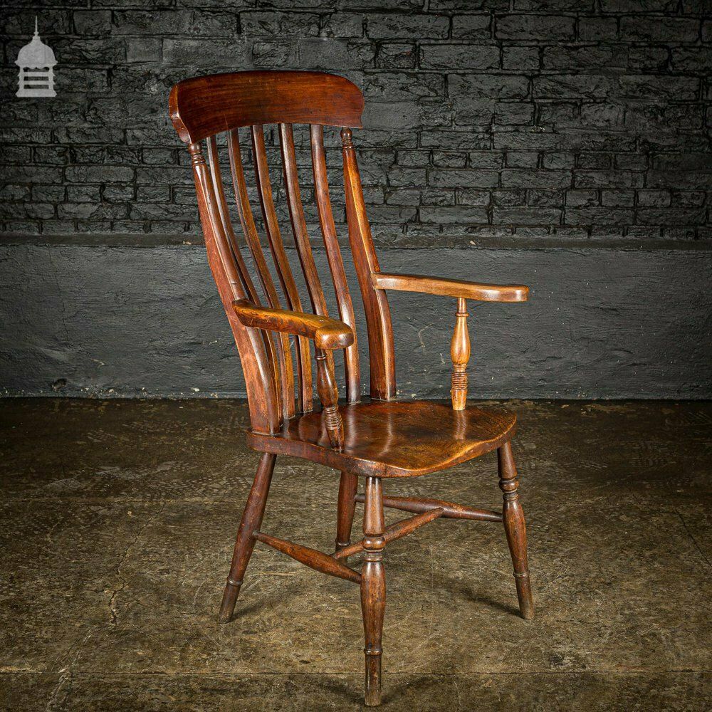 834.0 19th C Lath Back Windsor Armchair With H Stretcher And Turned Arm Supports photo