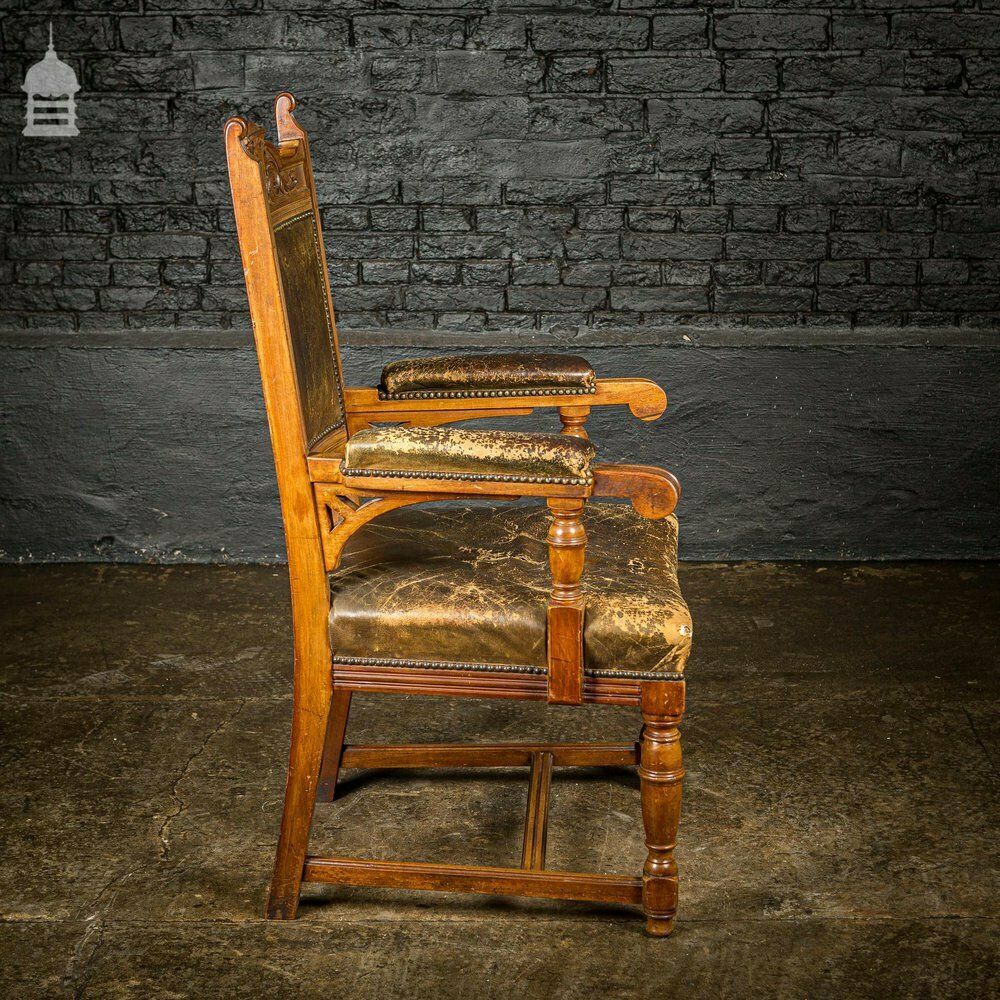 19th C Oak H Stretcher Throne Chair With Studded Worn Leather Seats, Arms And Back photo 810.0
