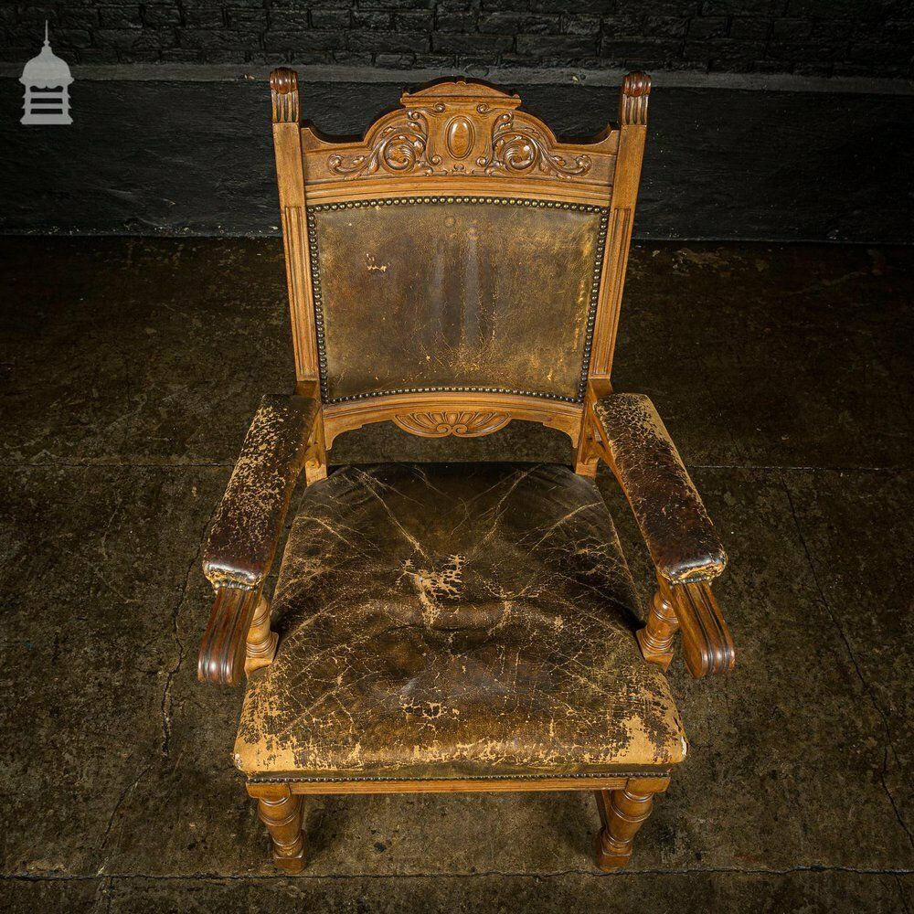 photo furniture 19th C Oak H Stretcher Throne Chair With Studded Worn Leather Seats, Arms And Back
