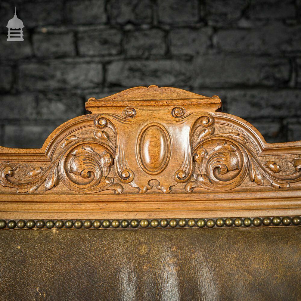 photo buy 19th C Oak H Stretcher Throne Chair With Studded Worn Leather Seats, Arms And Back