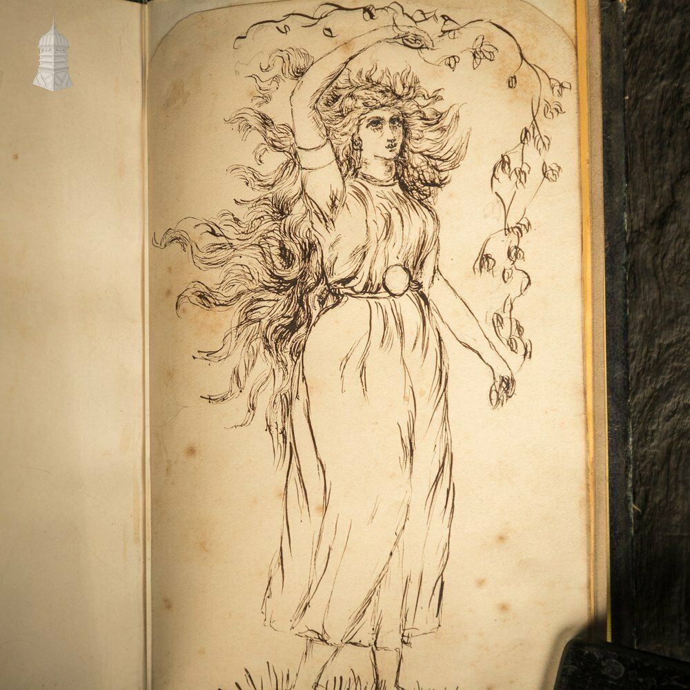 A 19th C Small Black Leather Bound Sketch Book Album Containing Various Original Drawings photo buy
