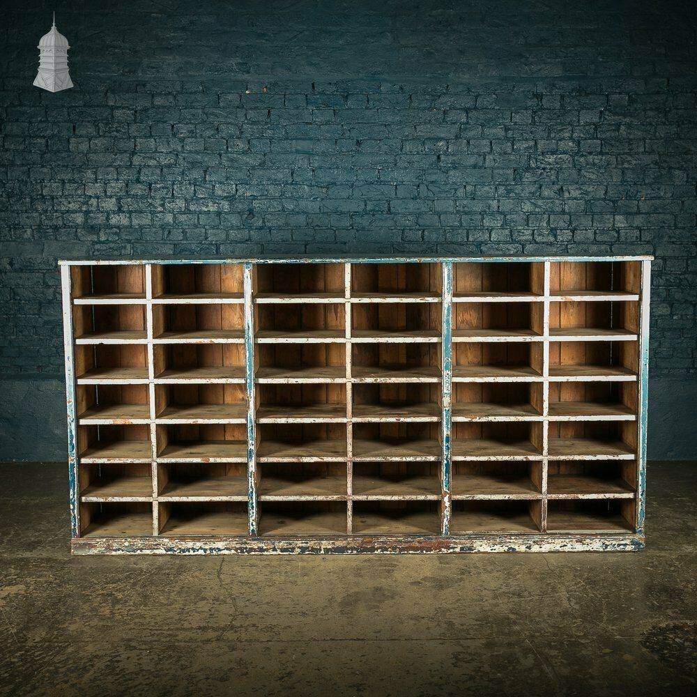 Industrial Pigeon Hole Shelf Unit With Distressed Blue Painted Finish photo furniture