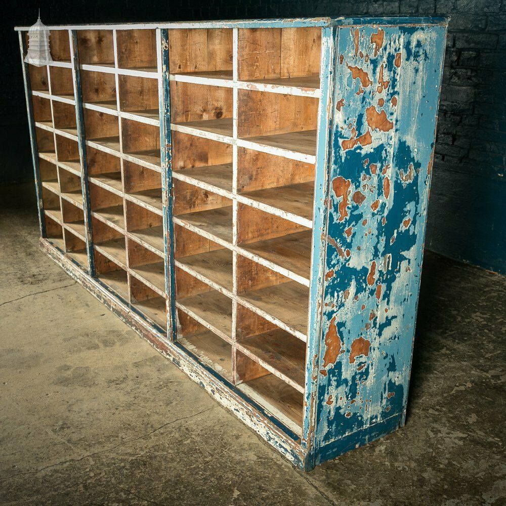Industrial Pigeon Hole Shelf Unit With Distressed Blue Painted Finish photo Furniture
