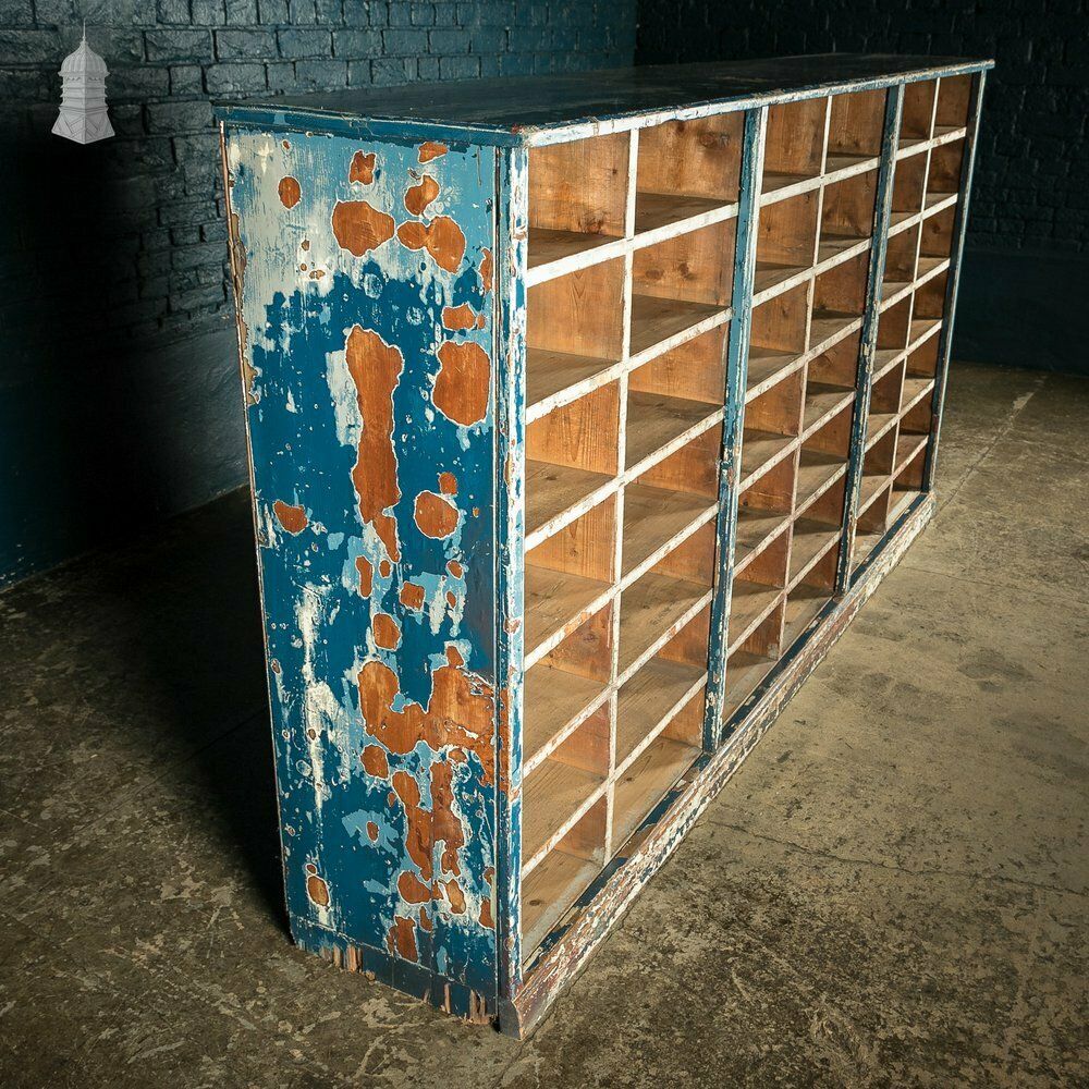 Industrial Pigeon Hole Shelf Unit With Distressed Blue Painted Finish photo 3300.0