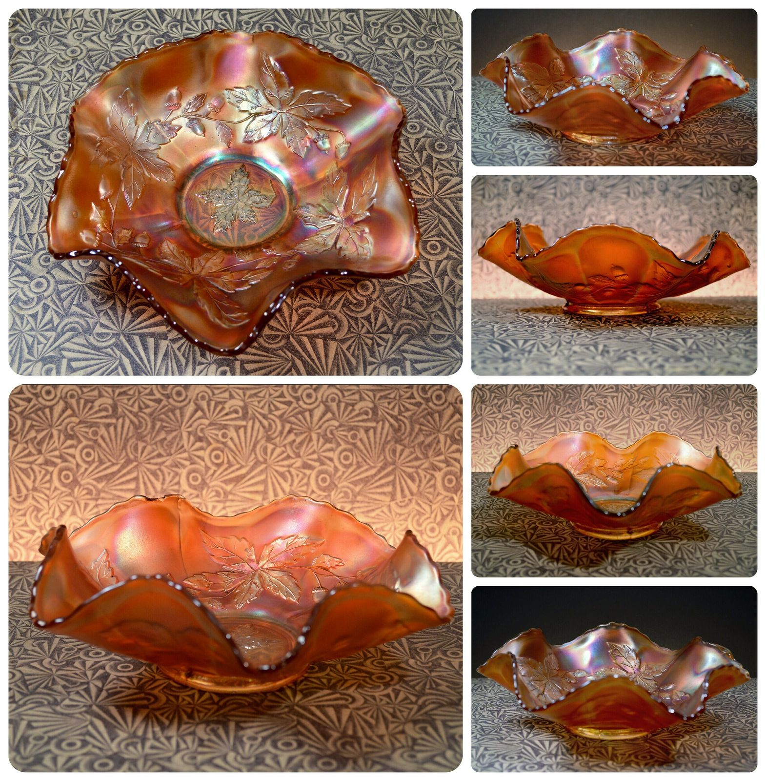 photo for sale Carnival Glass Collection, Fenton Autumn Acorns Bowl, Imperial Hobstar Pedestal Vase, Imperial Pillar Flute Bowl