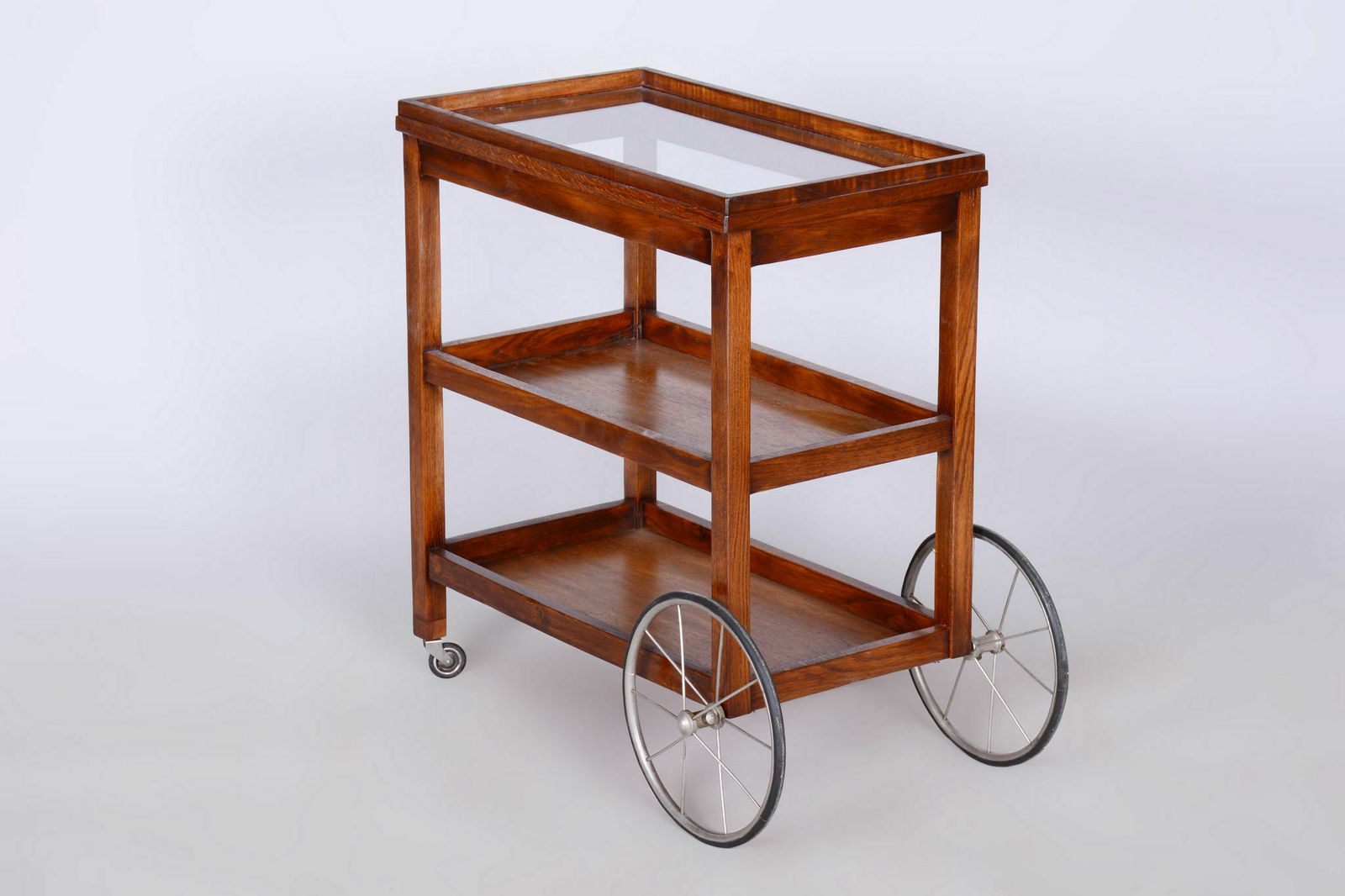 Restored Art Deco Trolley, By Thonet, Oak, Glass, Veneer, Chrome, Czech, 1920s photo furniture