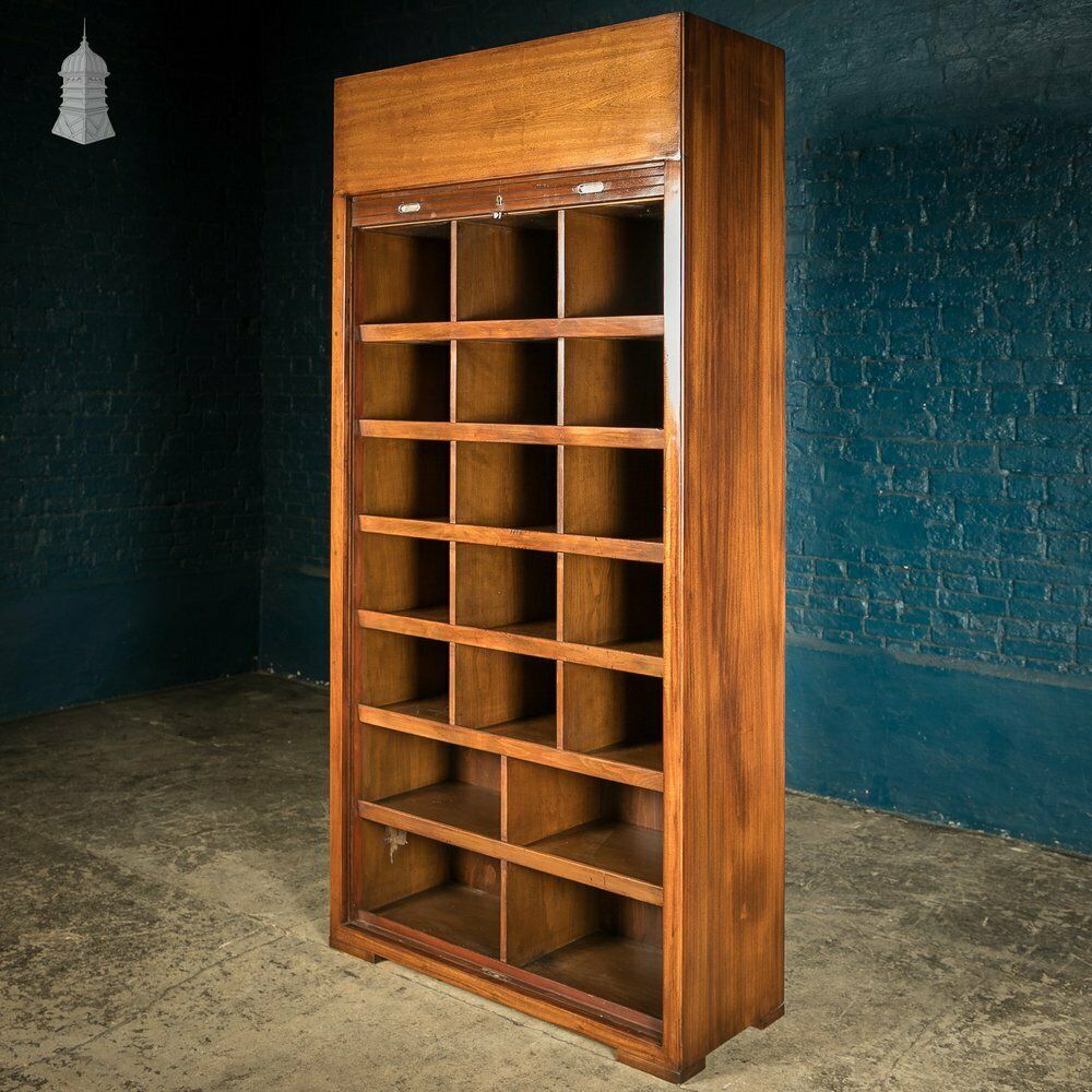 Furniture Tambour Front Cabinet, Mahogany And Oak Construction With Internal Pigeonhole Shelving From A Liner photo
